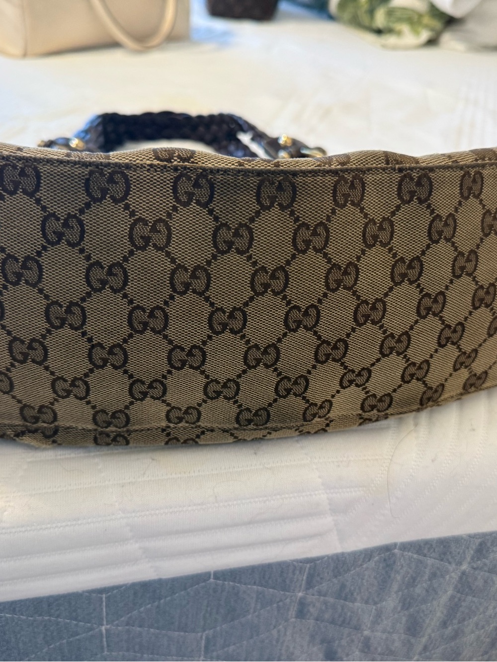 Gucci Beige GG Canvas Braided-Handle Shoulder Bag with Dark Brown Trim - Picture 4 of 14